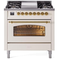 36 Inch Freestanding Dual Fuel Range with 6 Sealed Burners, 3.5 cu. ft. Oven Capacity, Storage Drawer, Quick Start, Soft Closing Door and Griddle: Antique White, Brass Trim - 36 Inch Freestanding Dual Fuel Range in Front View view