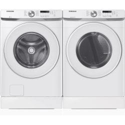 Side-by-Side on Pedestals Front Load Washer and Gas Dryer Set in White - Washer with paired Dryer in White on Risers view