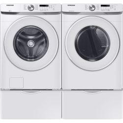 Side-by-Side on Storage Drawer Pedestal Front Load Washer and Gas Dryer Set in White - Laundry Set view