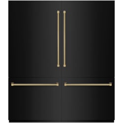 72 Inch Built-In 4-Door French Door Refrigerator  - ZLINE Autograph Edition 72 in. 39.6 cu. ft. French Door Built-In Bottom Freezer Refrigerator with Water Dispensers and Ice Makers in Black Stainless Steel with Graphite Gray Interior and Polished Gold Helix Handles (GRBITZ-BS-72-KG) front, closed. view