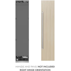 18 Inch Freezer Column  - ZLINE 18 in. 8.6 cu. ft. Panel Ready Right Hinge Column Freezer with Graphite Gray Interior (RBCFVR-18) unit next to a custom wood panel and handle. Text: Handle and panel not included, right hinge orientation. 18 Inch Freezer Column view