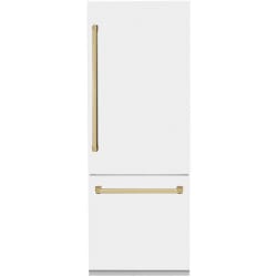 30 Inch Built-in Bottom Freezer Refrigerator  - ZLINE Autograph Edition 30 in. 16.1 cu. ft. Built-in 2-Door Bottom Freezer Refrigerator with Internal Water and Ice Dispenser in White Matte with Polished Gold Accents (RBIVZ-WM-30-G) 30 Inch Built-in Bottom Freezer Refrigerator view