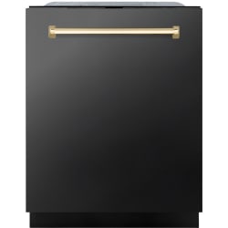 24 Inch Fully Integrated Dishwasher  - ZLINE Autograph Edition 24 in. Monument Series 3rd Rack Dishwasher with Auto Door Open Drying, 44dBa, Black Stainless Steel Panel with Polished Gold Handle (DWMTZ-BS-24-G) front, closed. 24 Inch Fully Integrated Dishwasher view