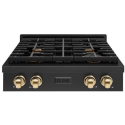30 Inch Gas Rangetop  - ZLINE 30 in. Autograph Edition Paramount Gas Rangetop with 4 Burners and Porcelain Cooktop in Black Stainless Steel with Polished Gold Accents (SRTBZ-30-G) front. 30 Inch Gas Rangetop with 4 Sealed Brass Burners view