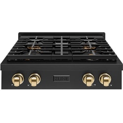 30 Inch Gas Rangetop  - ZLINE Autograph Edition 30 in. Paramount Gas Rangetop with 4 Burner DuoPro Cooktop in Black Stainless Steel and Polished Gold Accents (PSRTBZ-30-G) front. 30 Inch Gas Rangetop with 4 Sealed Burners view