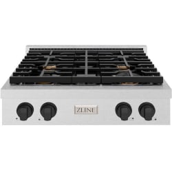 30 Inch Gas Rangetop  - ZLINE Autograph Edition 30 in. Paramount Gas Rangetop with 4 Burners and Porcelain Cooktop in Satin Stainless Steel with Matte Black Accents (SRTSZ-30-MB) front. 30 Inch Gas Rangetop with 4 Sealed Brass Burners view