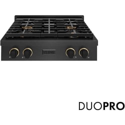 30 Inch Gas Rangetop  - ZLINE Designer Collection 30 in. Paramount Gas Rangetop with 4 Burner DuoPro Cooktop in Black Satin Stainless Steel with Matte Black and Champagne Bronze Accents (PSRTBSZ-30-MBCB) front, with DuoPro logo. 30 inch Paramount Gas Rangetop view