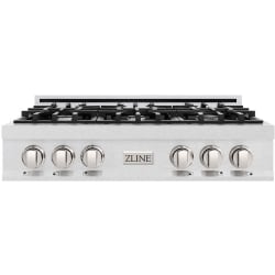 36 Inch Gas Rangetop  - ZLINE 36 in. Classic Gas Rangetop with 6 Burners and Porcelain Cooktop in Satin Stainless Steel (RTS-36) main image. 36 in. Classic Gas Rangetop with 6 Burners and Porcelain Cooktop view