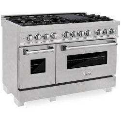 48 Inch Pro-Style Double Oven Dual Fuel Range  - ZLINE 48 in. 6.0 cu. ft. Legacy Dual Fuel Range with 7 Burner Gas Cooktop and 2 Electric Ovens in Satin Stainless Steel (RAS-SN-48) main image. 48 in. 6.0 cu. ft. Legacy Dual Fuel Range with 7 Burner Gas Cooktop and 2 Electric Ovens view