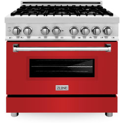 36 Inch Freestanding Dual Fuel Range  - 36 Inch Dual Fuel - Gas Range/Electric Oven - Red Matte view