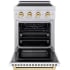 ZLINE Paramount SINRSZWM24G - ZLINE Autograph Edition 24 in. 3.2 cu. ft. Paramount Induction Range with 3 Element Cooktop and Electric Convection Oven in Satin Stainless Steel with White Matte Door and Polished Gold Accents (SINRSZ-WM-24-G) front, oven open. 24 Inch Freestanding Induc