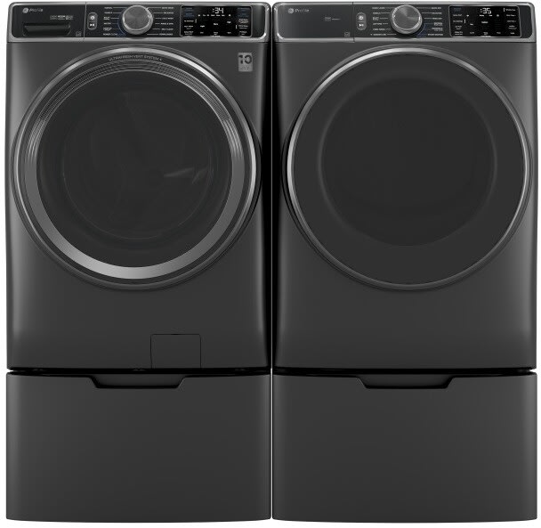 Side-by-Side on Pedestals Front Load Washer and Gas Dryer Set in Graphite