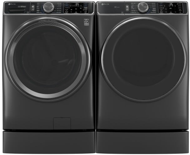Side-by-Side on Risers Front Load Washer and Gas Dryer Set in Graphite