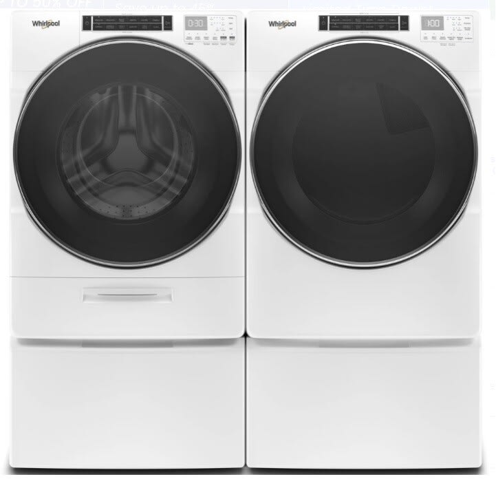 Side-by-Side on Pedestals Front Load Washer and Gas Dryer Set in White