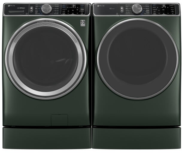 Side-by-Side on Risers Front Load Washer and Electric Dryer Set in Green