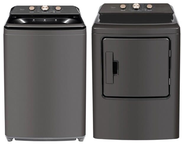 Side-by-Side Top Load Washer and Gas Dryer Set in Metallic Grey
