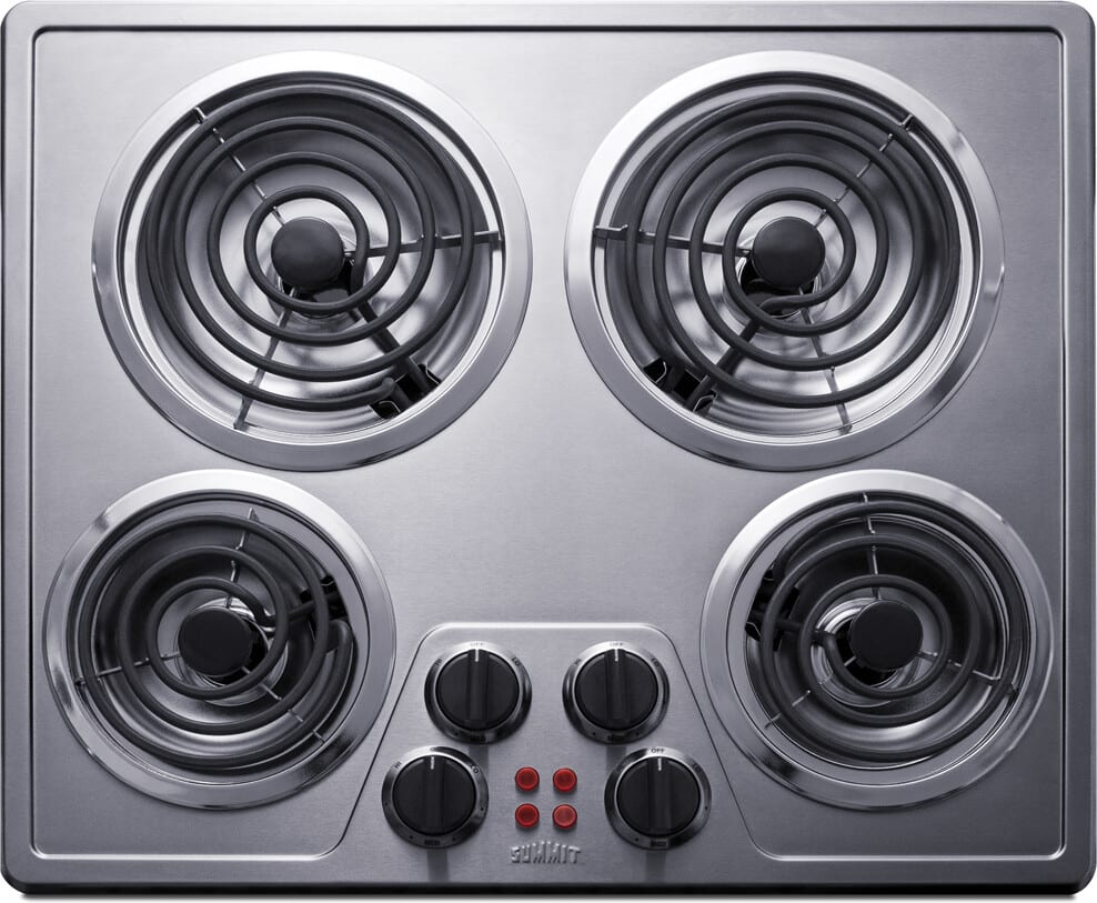Summit CR4SS24 24 Inch Electric Cooktop with 4-Coil Elements, Stainless  Steel Surface, 1800W Rear Elements, 1200W Front Elements, Push-To-Turn  Knobs, Chrome Drip Bowls, Indicator Lights, and ADA Compliant