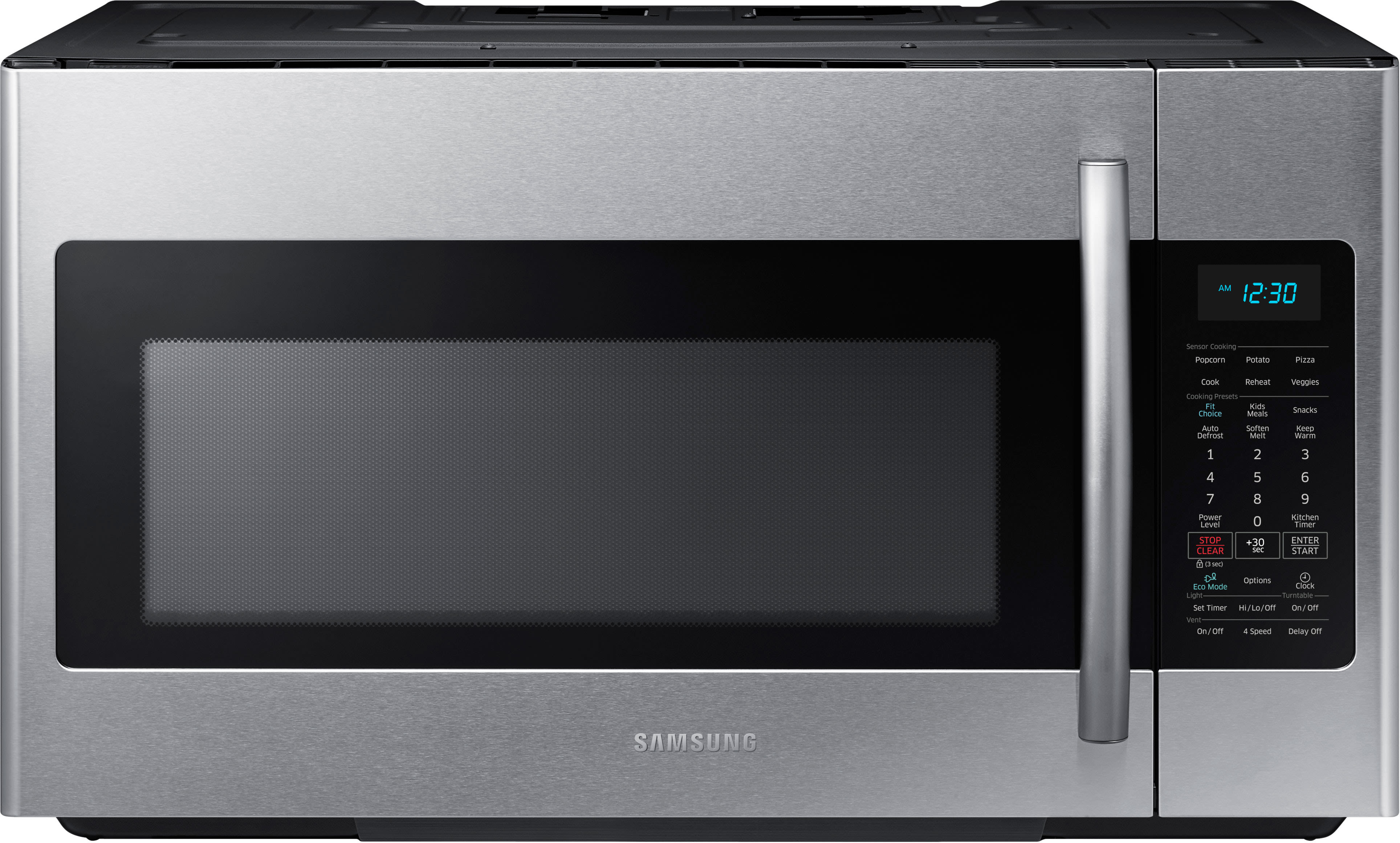 Samsung Me18h704sfs 1 8 Cu Ft Over The Range Microwave Oven With 1 000 Cooking Watts 10 Power Levels Four Speed 400 Cfm Venting System 2 Stage Programmable Cooking Sensor Cooking Simple Clean Filter Eco Mode Chrome