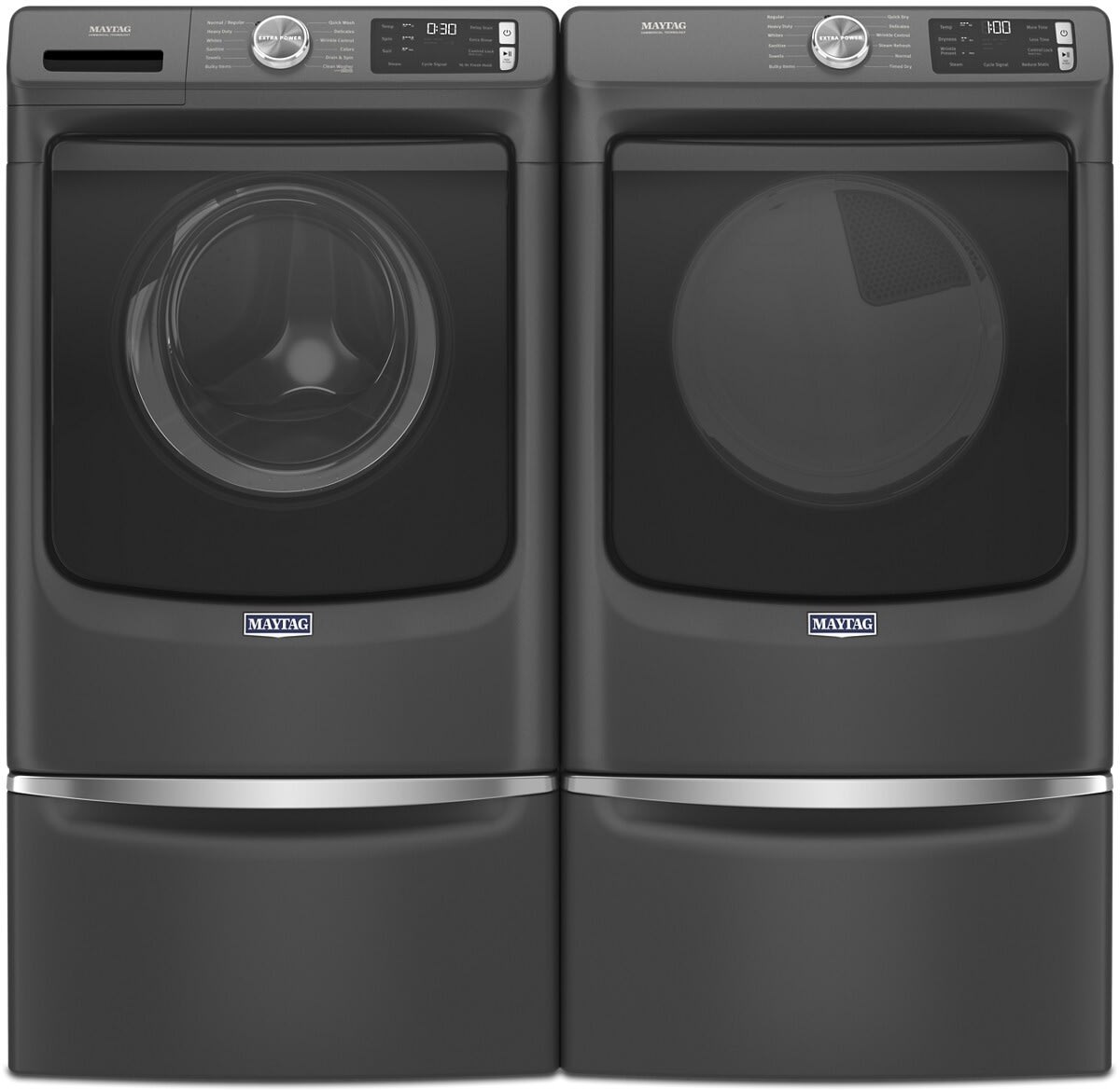 Side-by-Side on Pedestals Front Load Washer and Gas Dryer Set in Black