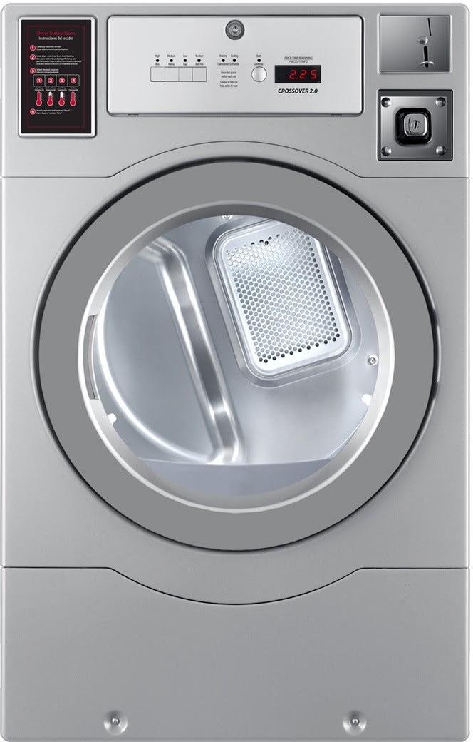 Crossover Dlhf0817g 27 Inch Commercial Gas Dryer With Axial Airflow Roller Supported Tumbler Time Of Day Promo Pricing Coin Metered Extra Large Door Heavy Duty Lint Screen And 7 0 Cu Ft Capacity Coin Metered