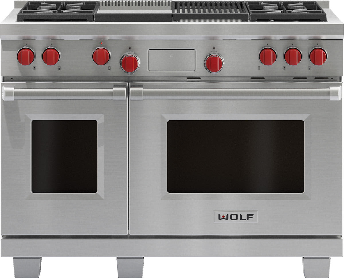Wolf Df484cg 48 Inch Pro Style Dual Fuel Range With 4 Dual Stacked Sealed Burners 4 5 Cu Ft Dual Convection Main Oven Self Clean Infrared Griddle Charbroiler Pivoting Hidden Touch Controls And Star K Certified Natural Gas