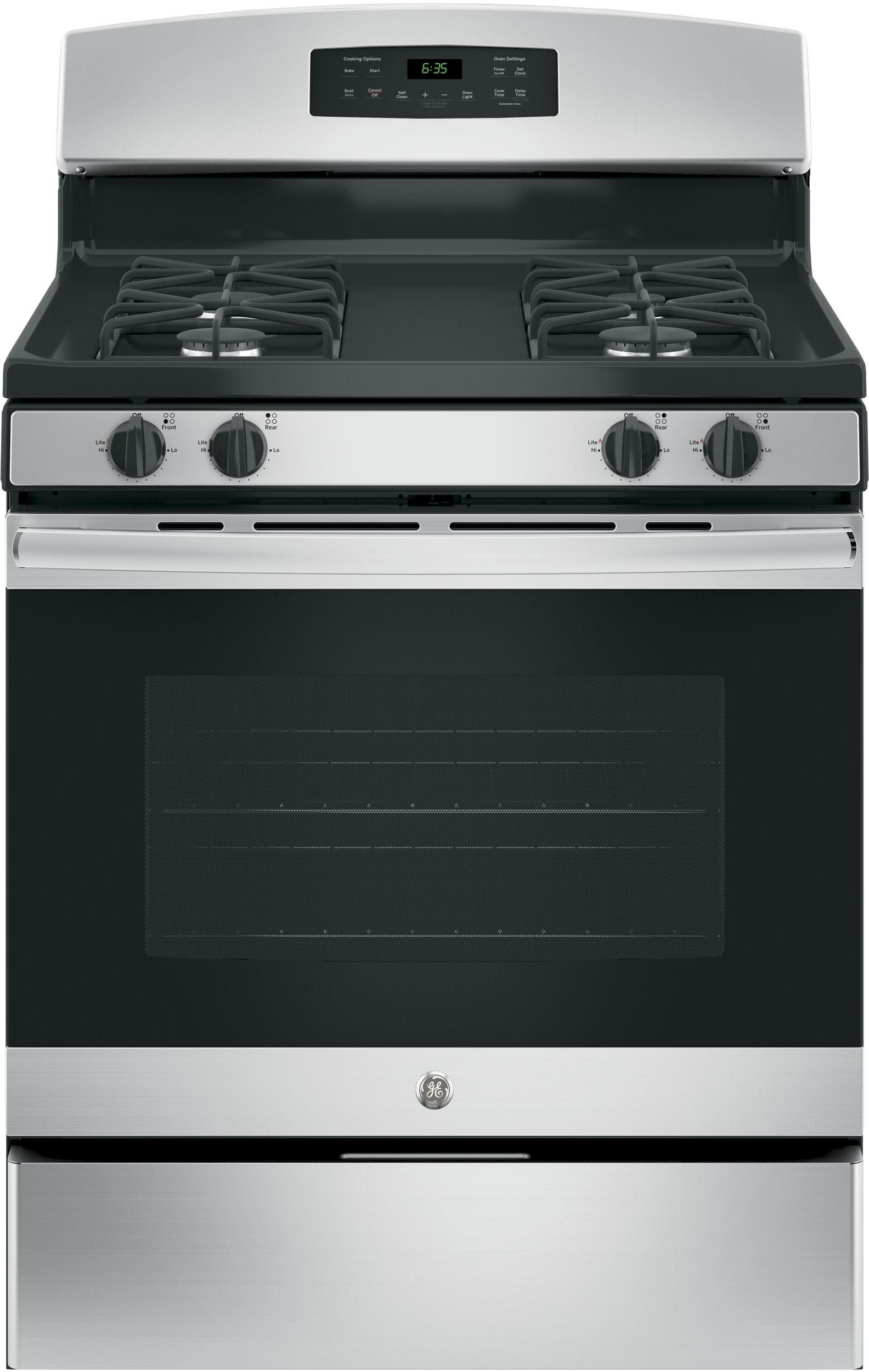 Ge Jgb635rekss 30 Inch Freestanding Gas Range With 4 Sealed Burners 5 0 Cu Ft Oven Capacity Storage Drawer Black Matte Steel Grates Self Clean In Oven Broiler Delay Bake Precise Simmer Burner And 13000