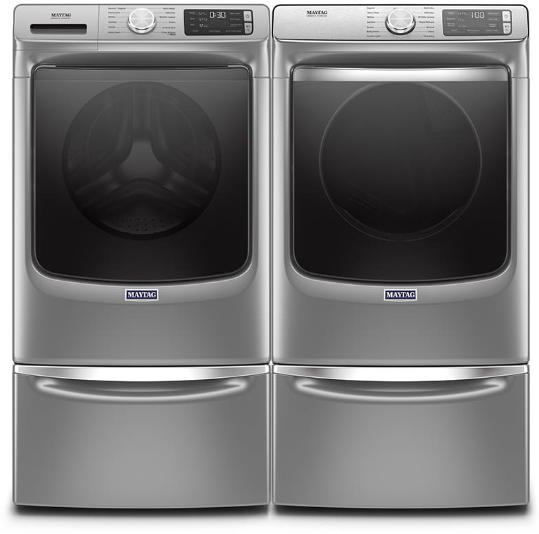 Side-by-Side on Pedestals Front Load Washer and Gas Dryer Set in Metallic Slate