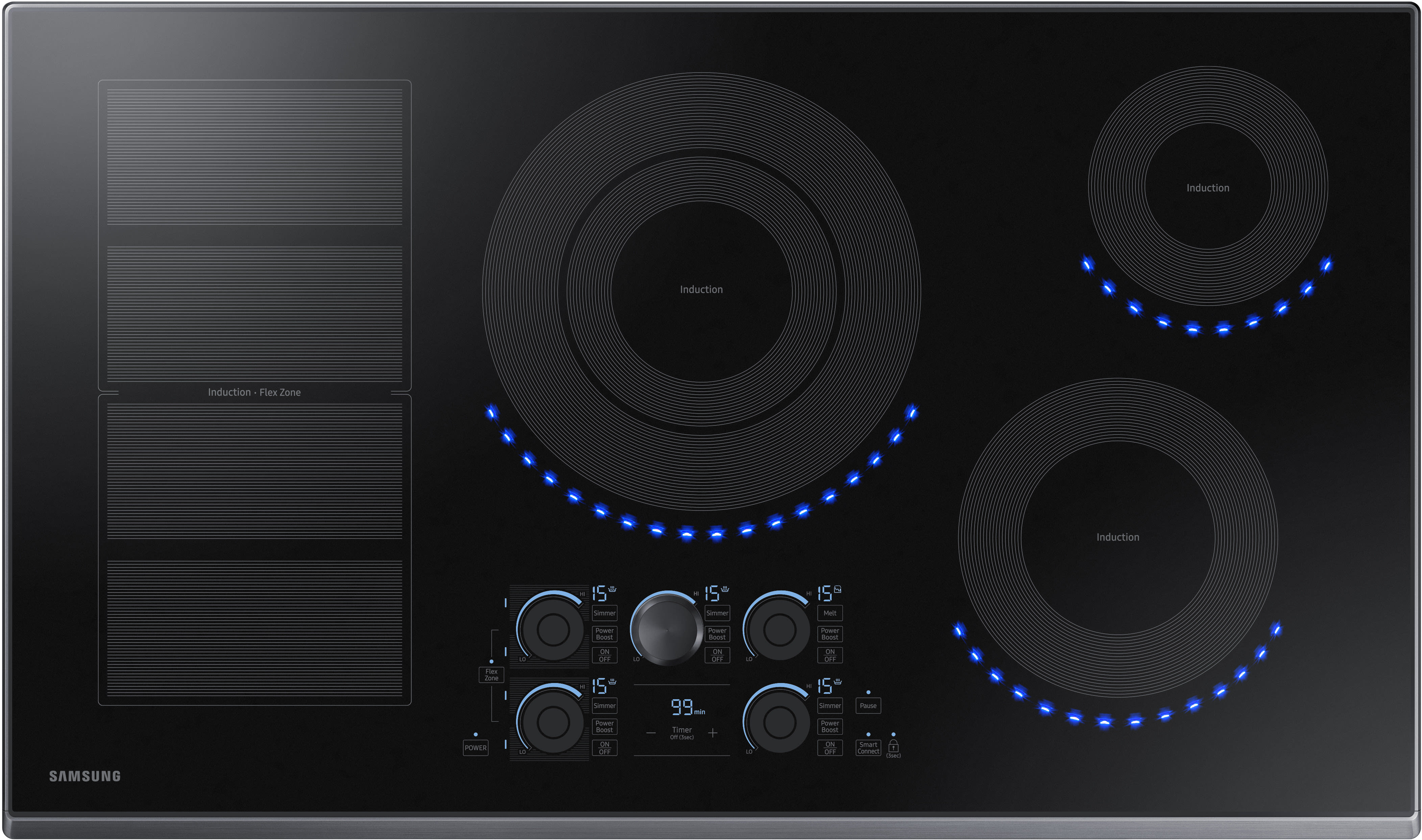 Samsung Nz36k7880ug 36 Inch Induction Cooktop With Flex Zone 15 Heat Settings Power Boost Melt Mode Simmer Control Virtual Flame Surface Lights Timer Control Lock And Wi Fi Connectivity Black Stainless Steel Trim
