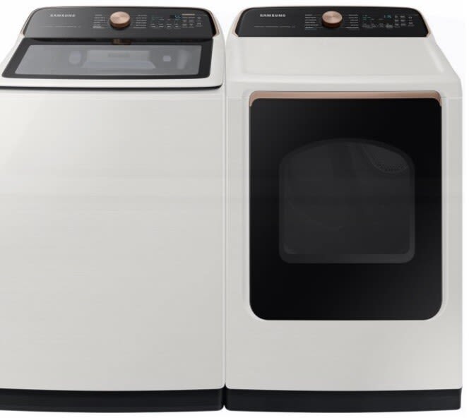 Side-by-Side Top Load Washer and Gas Dryer Set in Ivory