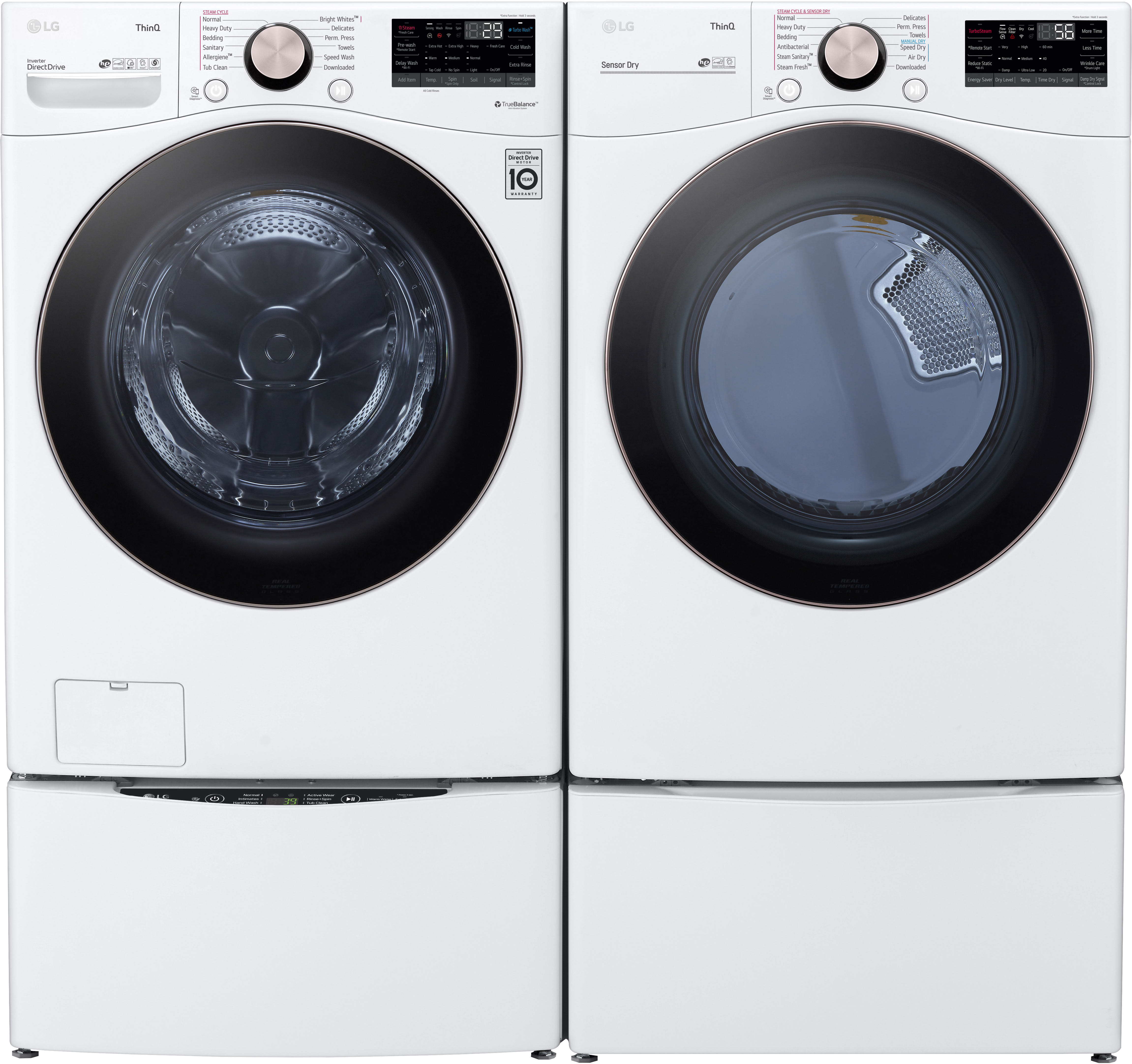Side-by-Side on SideKick Pedestals Front Load Washer and Gas Dryer Set in White