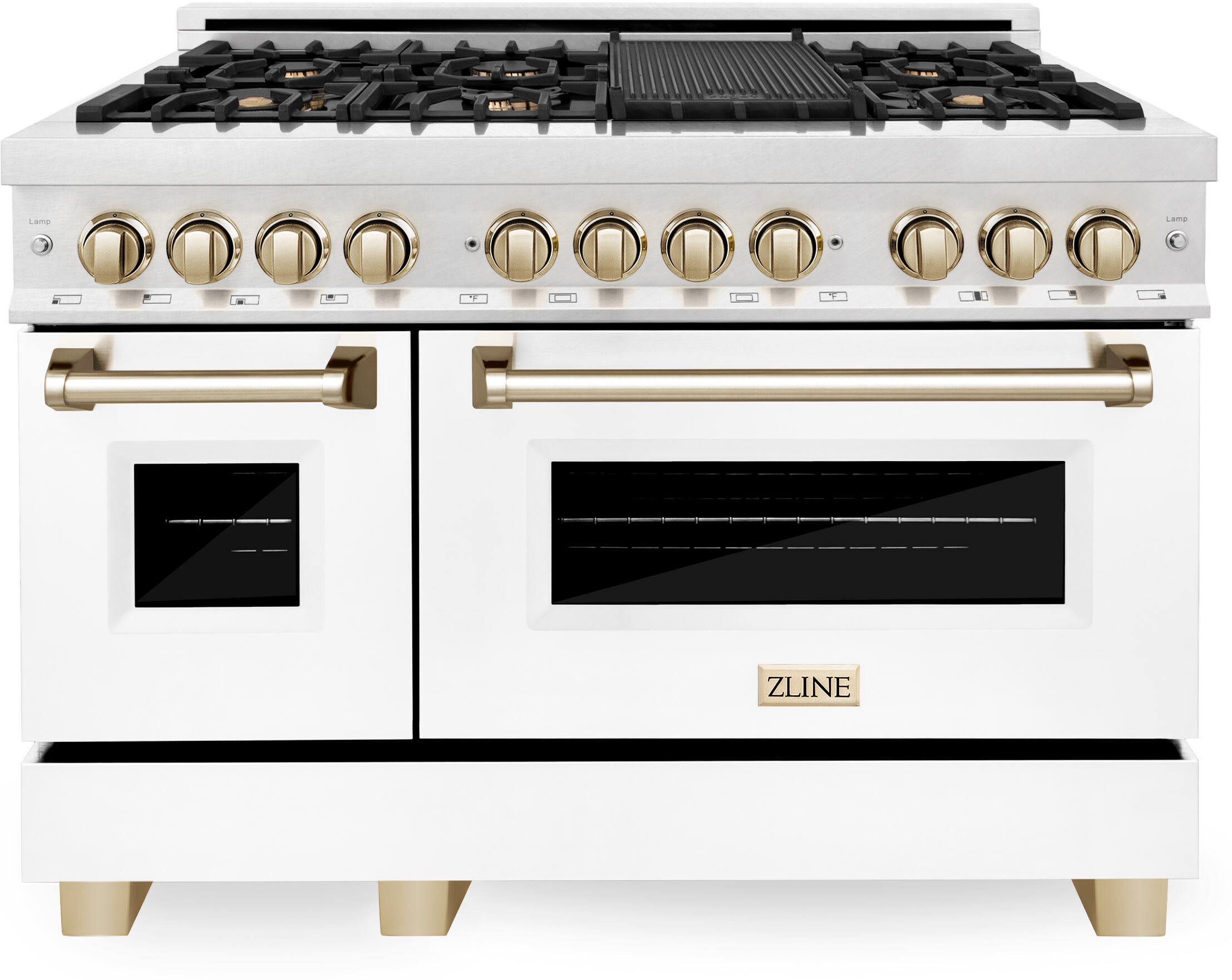 48 Inch Freestanding Autograph Edition Dual Fuel Range, Double Oven, 6.0 cu. ft. Total Capacity, Continuous Grates, Cast Iron Grill, Convection Oven, Adjustable Legs, and Stay-Put Hinges: DuraSnow® Stainless Steel w