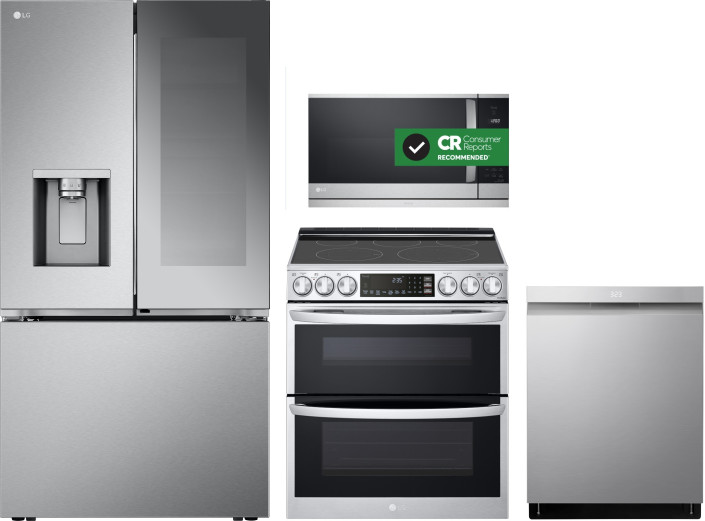 LG LGRERADWMW21070 4 Piece Kitchen Appliances Package with French Door Refrigerator Electric Range Dishwasher and Over the Range Microwave in Stainless Steel AJ Madison