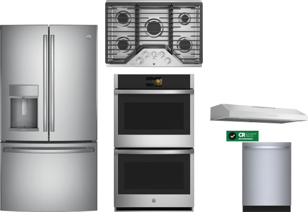 Collage of PFE28KYNFS, PGP7036SLSS, PTD7000SNSS, PVX7360SJSS, SHX78CM5N