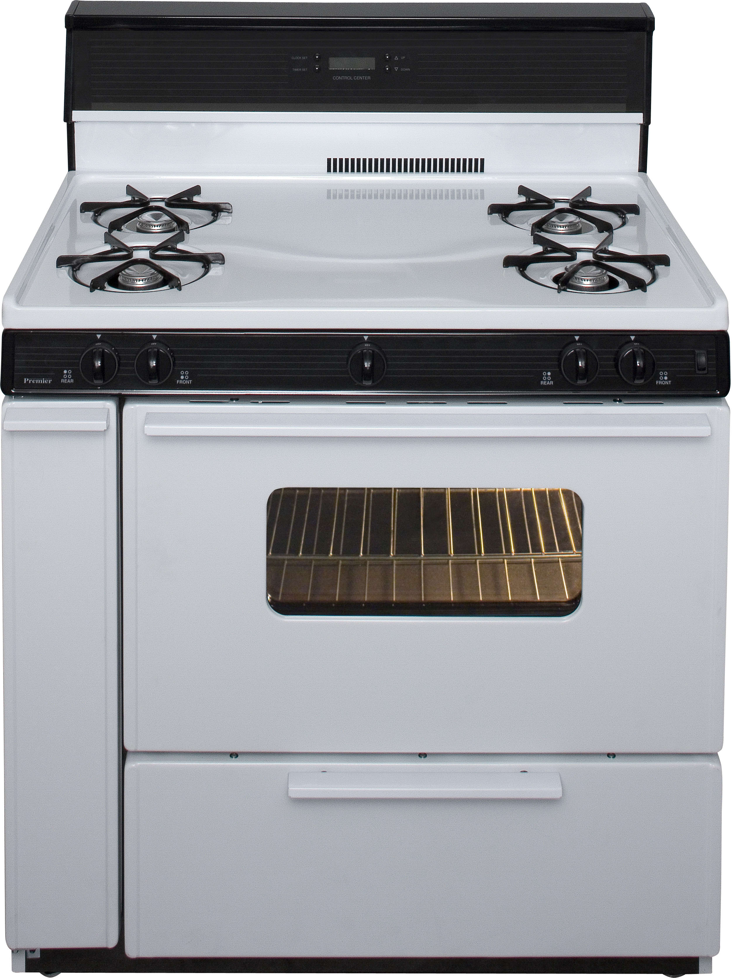 Premier Slk240wp 36 Inch Freestanding Gas Range With 4 Open Burners Premier Slk240wp 36 Inch Freestanding Gas Range With 4 Open Burners Electronic Ignition Clock Timer Oven Interior Light 17 000 Btu
