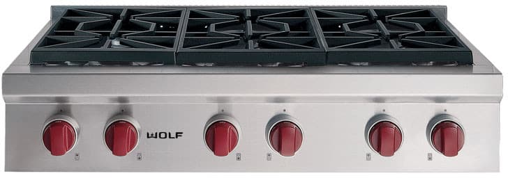 Wolf Srt366 36 Inch Pro Style Gas Rangetop With 6 Dual Stacked Wolf Srt366 Stainless Steel With Red S