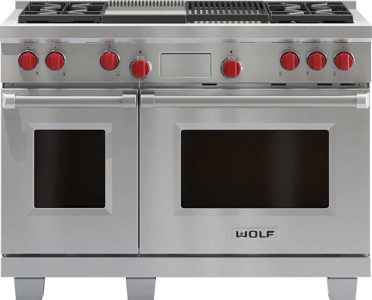 Wolf Df484cglp 48 Inch Pro Style Dual Fuel Range With 4 Stacked Wolf Df484cglp 48 Inch Pro Style Dual Fuel Range With 4 Stacked Sealed Burners 5 Cu Ft Convection Main Oven Self Clean Infrared Griddle