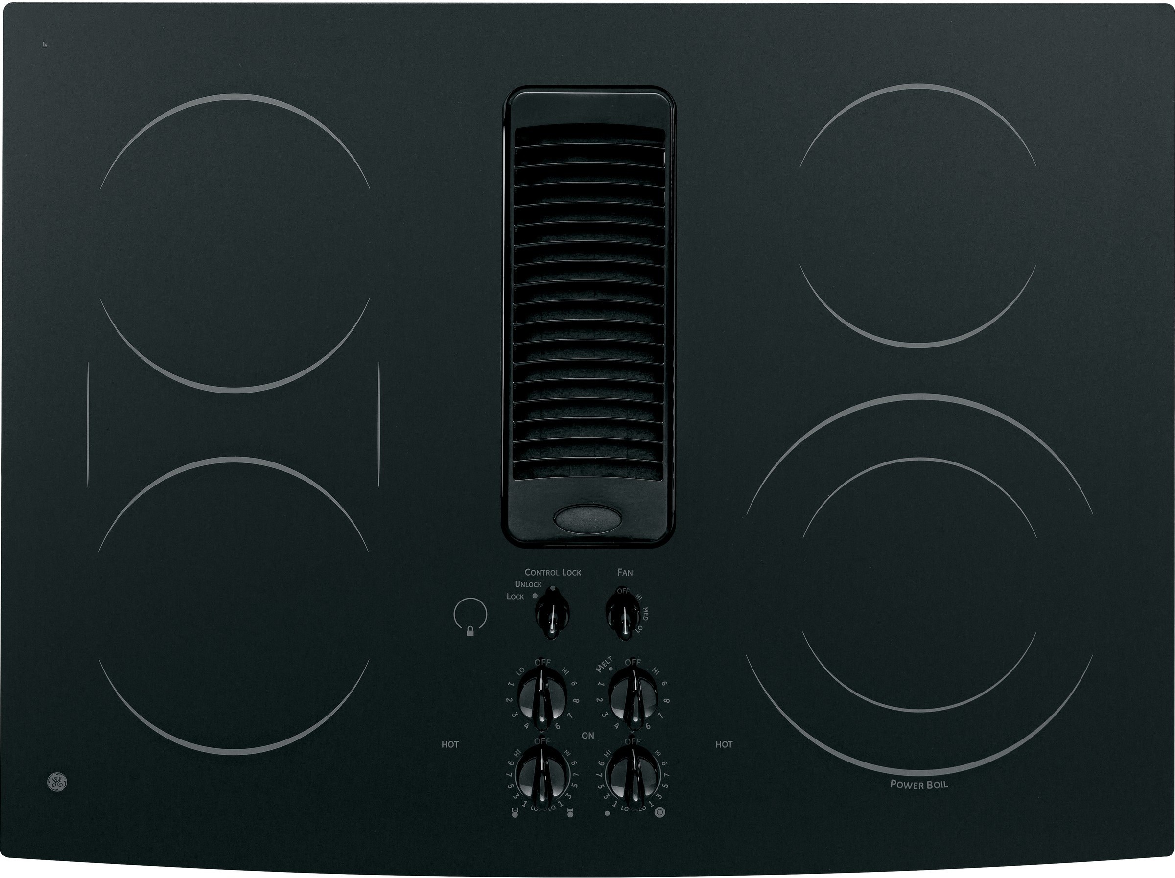 GE PP989DNBB 30 Inch Smoothtop Electric Downdraft Cooktop with 400 CFM, 3Speed Fan, 4 Ribbon