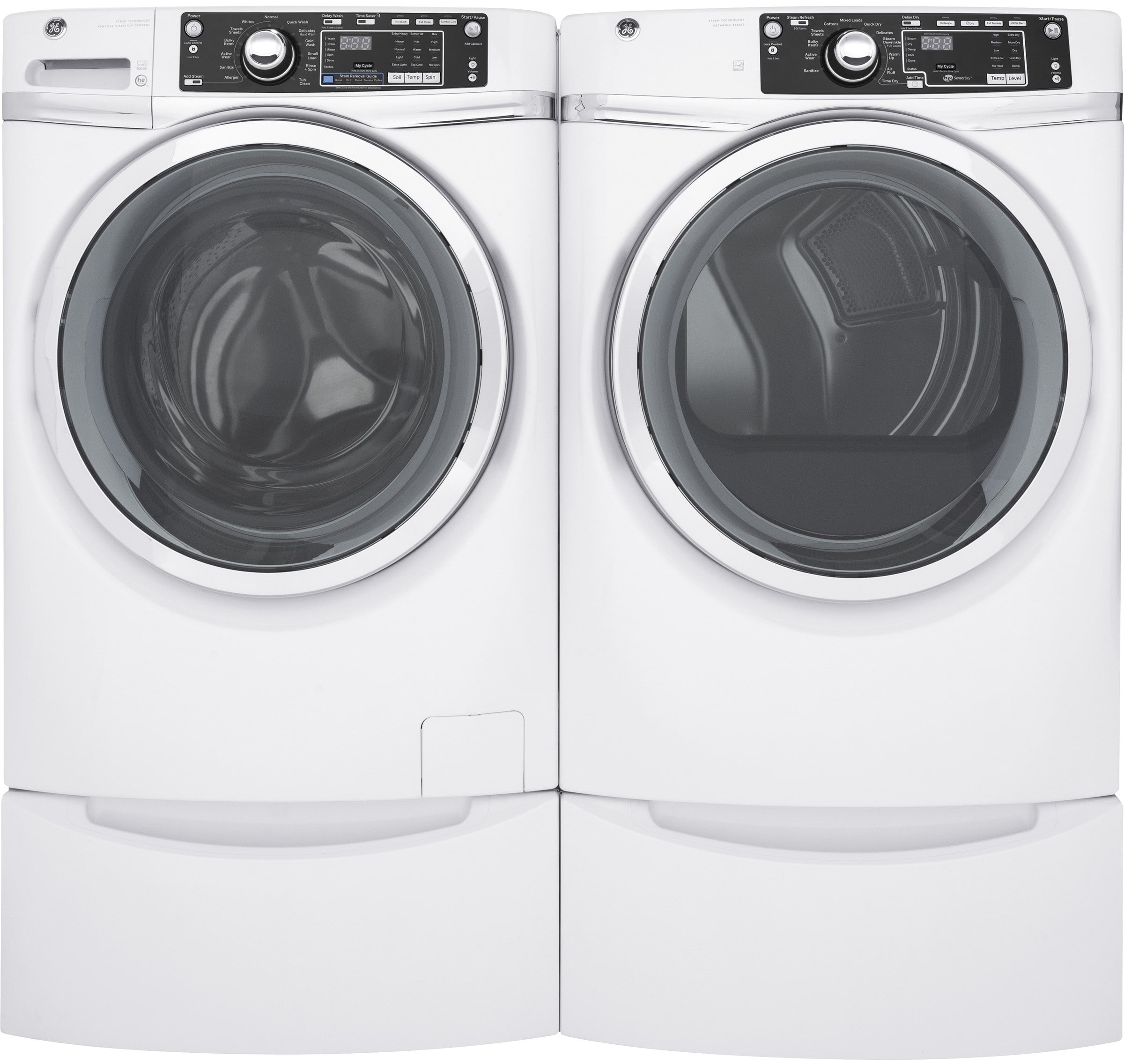 GE GEWADRWG2 SidebySide on Pedestals Washer & Dryer Set with Front Load Washer and Gas Dryer