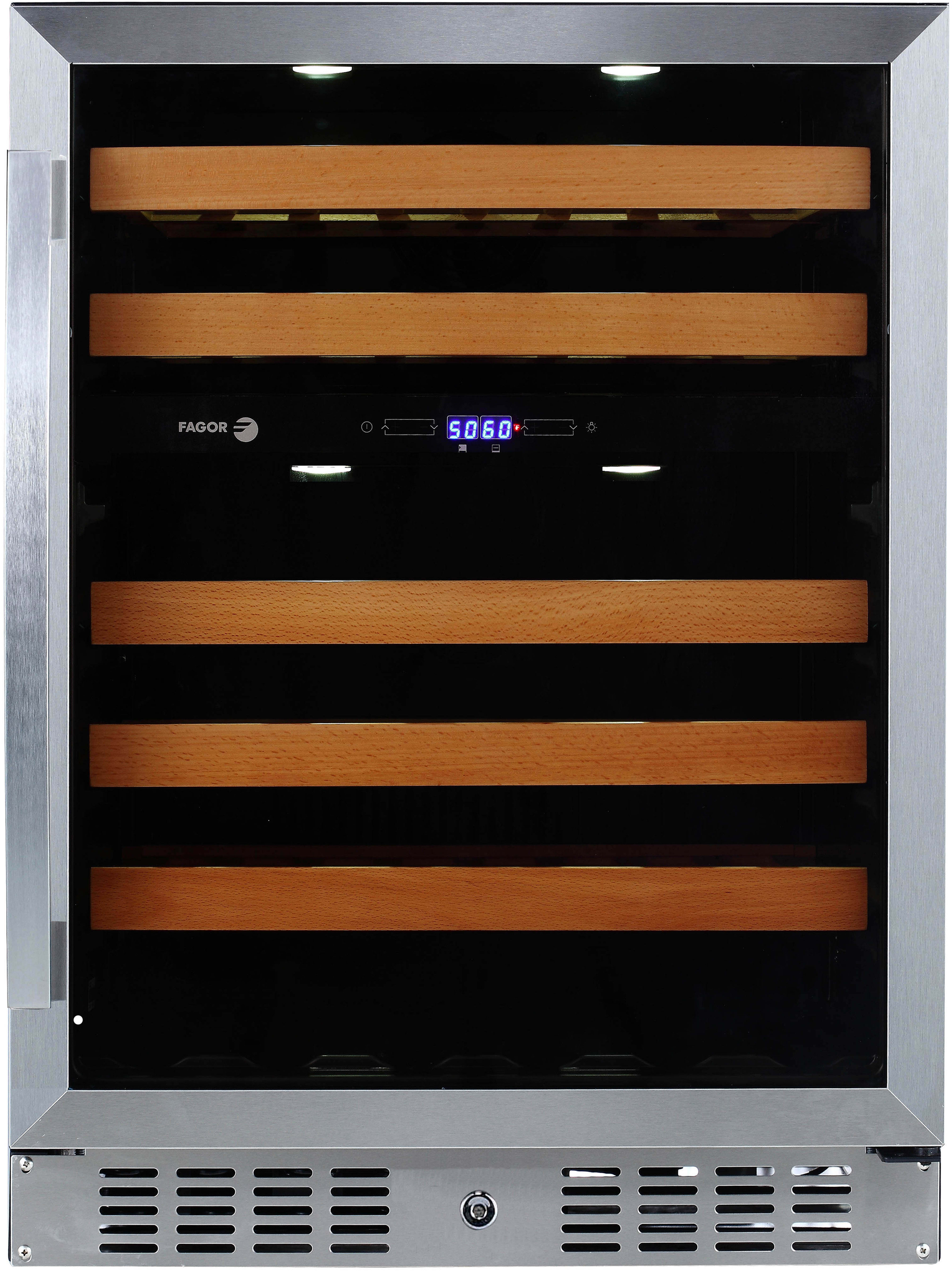 Fagor WC46DZ 24 Inch Undercounter Dual-Zone Wine Cooler with 46-Bottle Capacity, 5 Solid Beechwood Glide Out Shelves, Adjustable Legs, Reversible Glass Door ...