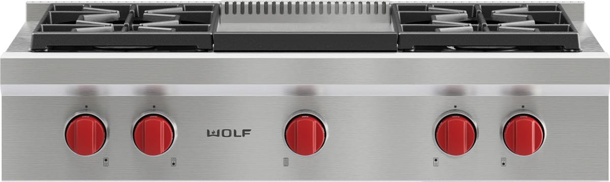 36 Inch Pro-Style Gas Rangetop with 4 Dual-Stacked Sealed Burners, Porcelain-Coated Cast Iron Continuous Grates, Infrared Griddle, Simmer/Melt Feature, Automatic Reignition, and Star-K Certified: Natural Gas