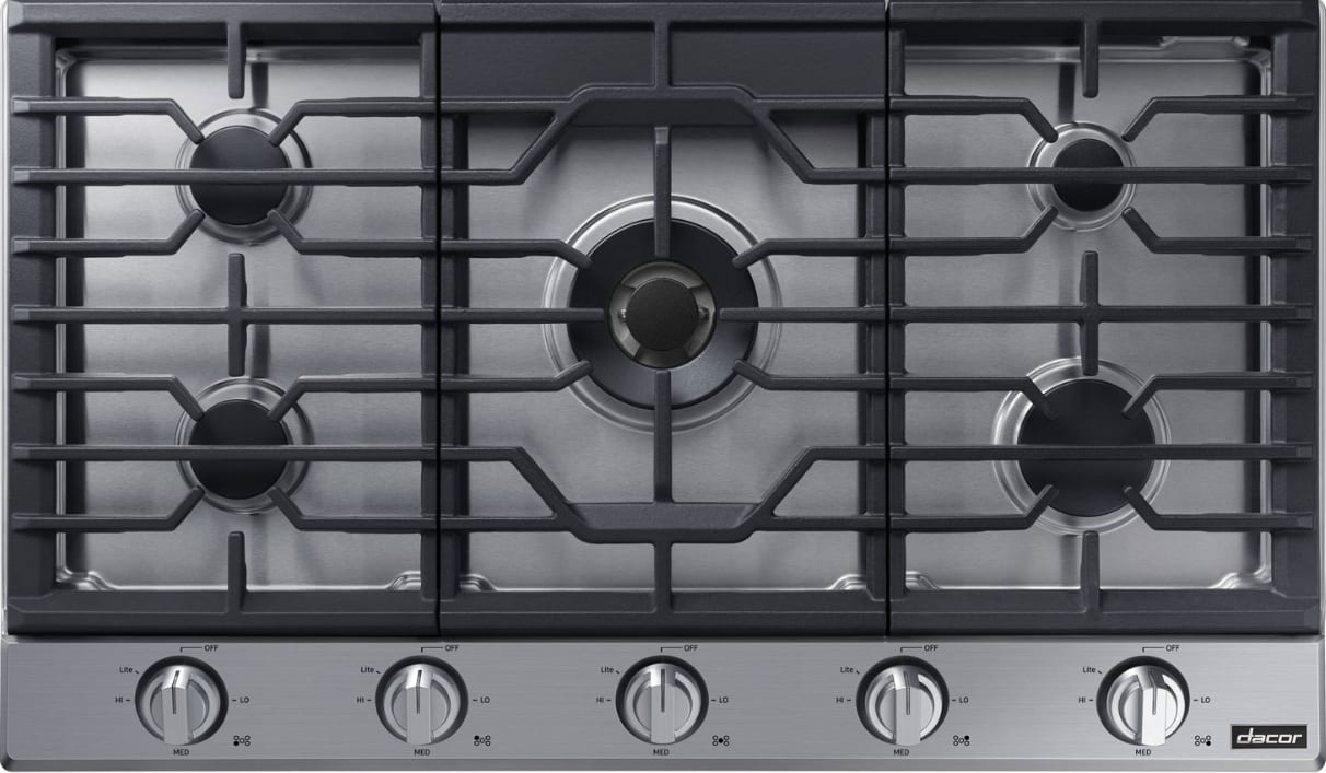 36 Inch Natural Gas Smart Cooktop with 5 Sealed Burners, Continuous Grates, SimmerSear Burners, Cast Iron Griddle, Perma-Flame, Illumina™ Knobs, Wi-Fi, Bluetooth, and SmartThings Connectivity: Stainless Steel