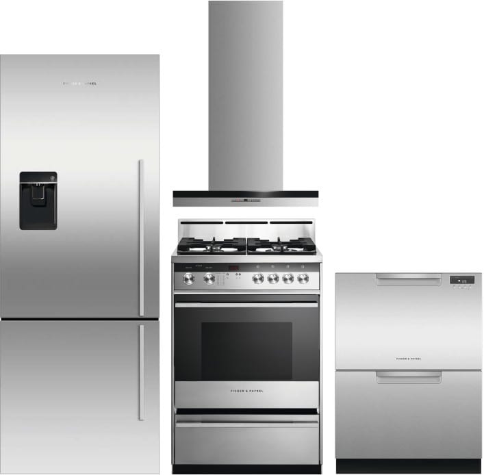 Fisher Paykel Fpreradwrh11 4 Piece Kitchen Appliances Package With Bottom Freezer Refrigerator Gas Range And Dishwasher In Stainless Steel