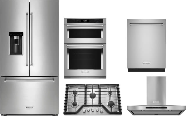 5 Piece Kitchen Appliances Package with French Door Refrigerator and Dishwasher in Stainless Steel