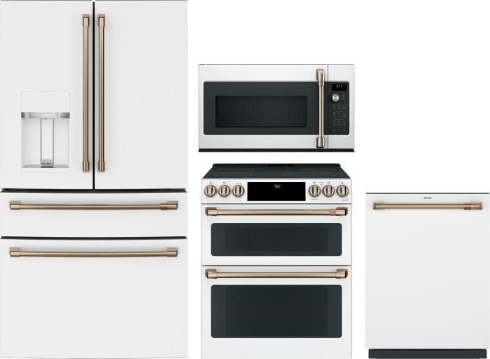 4 Piece Kitchen Appliances Package with French Door Refrigerator, Electric Range, Dishwasher and Over the Range Microwave in Matte White