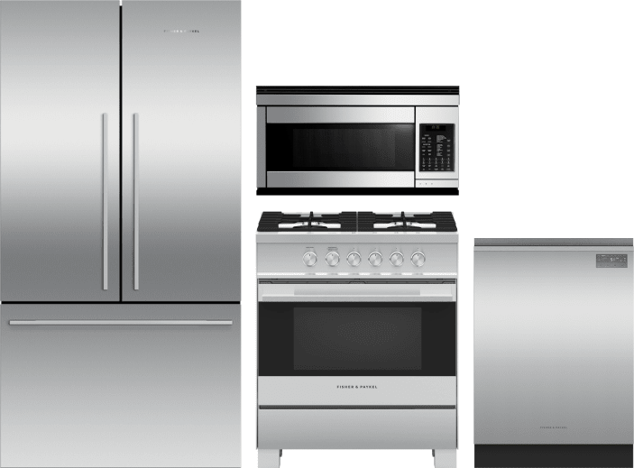 4 Piece Kitchen Appliances Package with French Door Refrigerator, Gas Range, Dishwasher and Over the Range Microwave in Stainless Steel