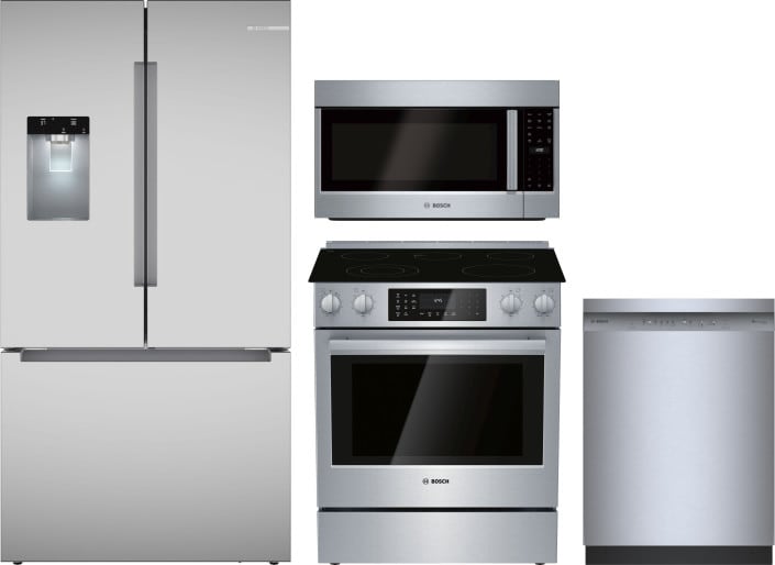 4 Piece Kitchen Appliances Package with French Door Refrigerator, Electric Range, Dishwasher and Over the Range Microwave in Stainless Steel