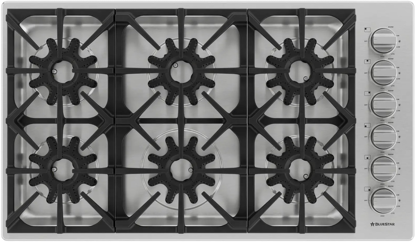 36 Inch Cooktop with 6 X-8™ Sealed Burners, 1 - 25,000 BTU Power Burner, 5 - 14,000 BTU Burners, Low 500 BTU Setting on Every Burner and Professional Grade Continuous Cast Iron Grates: Stainless Steel with Brushed Stainless Steel Trim - Natural Gas