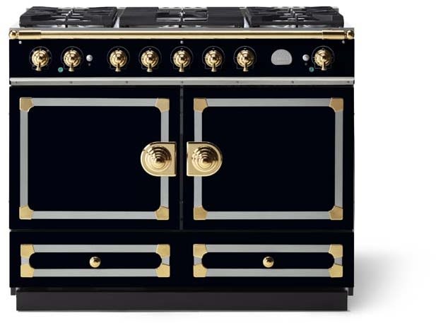 43 Inch Freestanding Dual Fuel Range with 5 Sealed Burners, Double Oven, 4.59 Cu. Ft. Total Capacity, Storage Drawer, Continuous Grates, Convection Ovens, and 7 Cooking Modes: Gloss Black with Stainless Steel and Polished Brass Trim