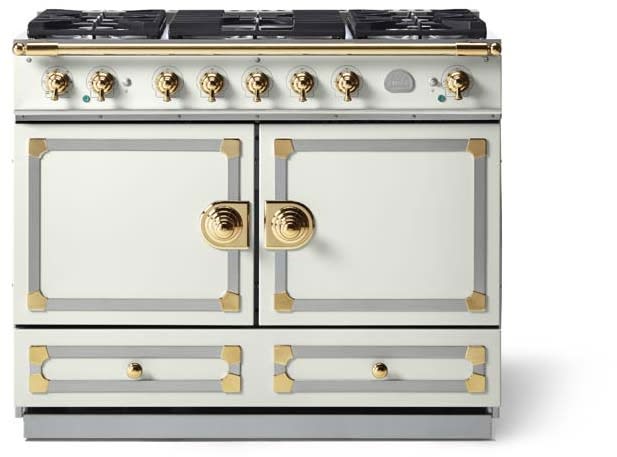 43 Inch Freestanding Dual Fuel Range with 5 Sealed Burners, Double Oven, 4.59 Cu. Ft. Total Capacity, Storage Drawer, Continuous Grates, Convection Ovens, and 7 Cooking Modes: Pure White with Stainless Steel and Polished Brass Trim