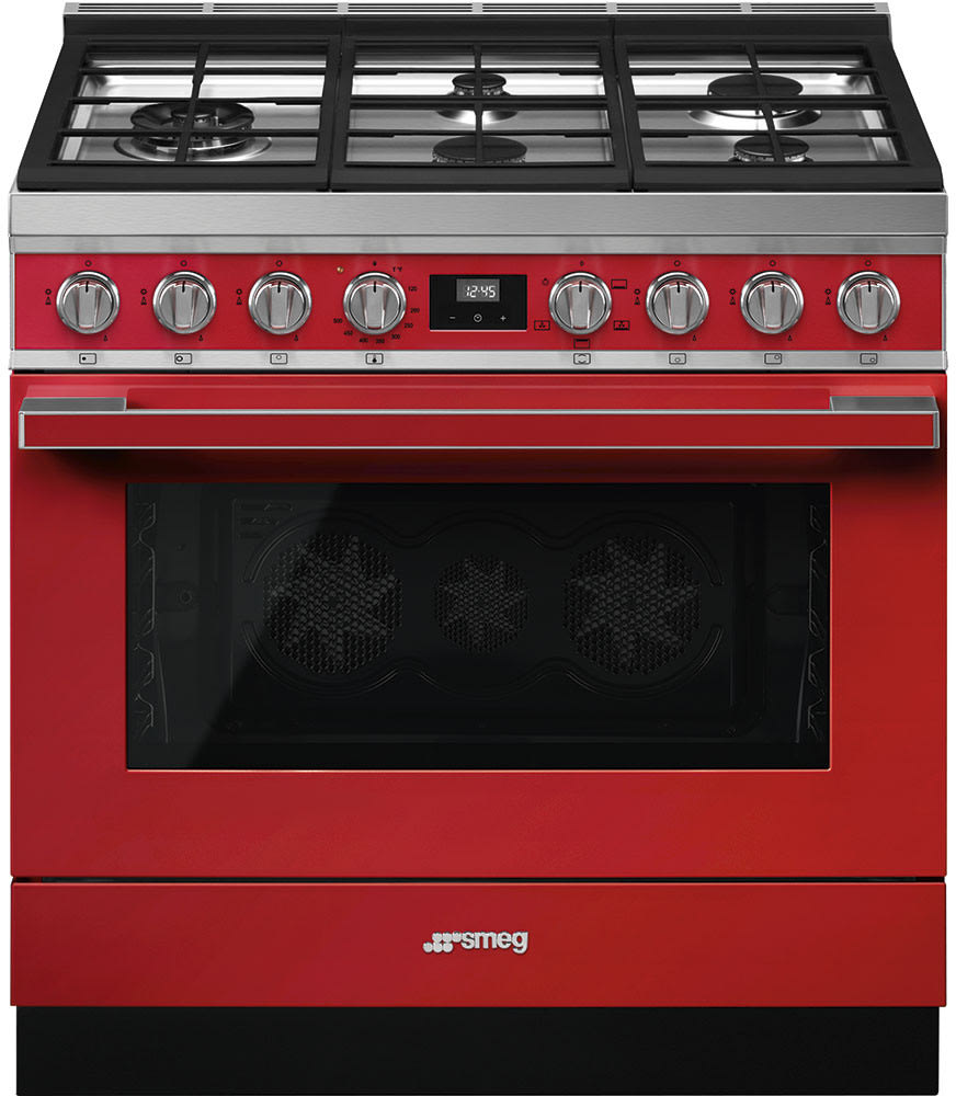 36 Inch Freestanding Professional Gas Range with 5 Sealed Burners, 4.5 Cu. Ft. Oven Capacity, Storage Drawer, Continuous Grates, Manual Clean, Triple Convection, 4 Cooking Modes, Soft Close Oven Door, and 20,000 BTU Super Burner: Red